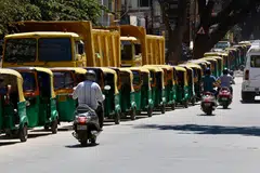 A long queue of autorickshaws lined up for Liquefied Petroleum Gas refuelling at an Indian Oil LPG gas filling station in Bengaluru on April 7. 