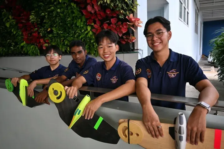 (From left) Ethan Lok, Moovendra Vickineswaran, Melvin Tan and Daryl Chow are members of the control line special interest group in the Singapore Youth Flying Club CCA, which is offered in 17 secondary schools.