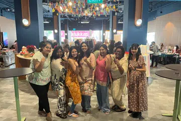 (From left) Ms Dharshini Krishna and Ms Pramila Krishnasamy (Vogue Vastra), Ms Stephanie Pinto (Tote A Tote), Ms Shereen Begum (Indian Inks), Ms Nivya Mehta (Klay by Nivvy), Ms Angeline Benjamin (Ange by Praj), and Ms Harreini Jeyaudin (Teacher Reini). 