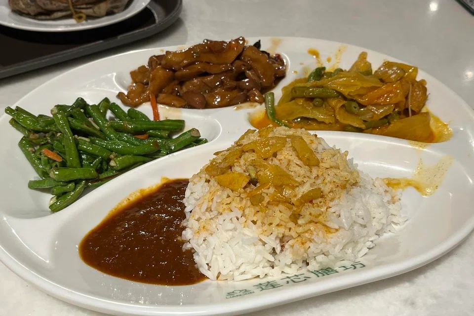 A plate of cai fan or economic rice that cost S$5.50 at Lian Xin Vegetarian Restaurant.