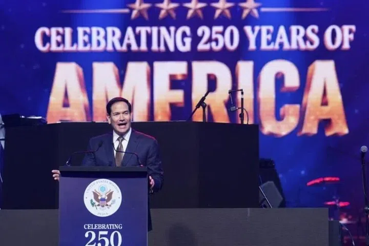 US Secretary of State Marco Rubio speaking at an event celebrating the US’s 250th anniversary, at the Bharat Mandapam convention centre, in New Delhi, on May 24.