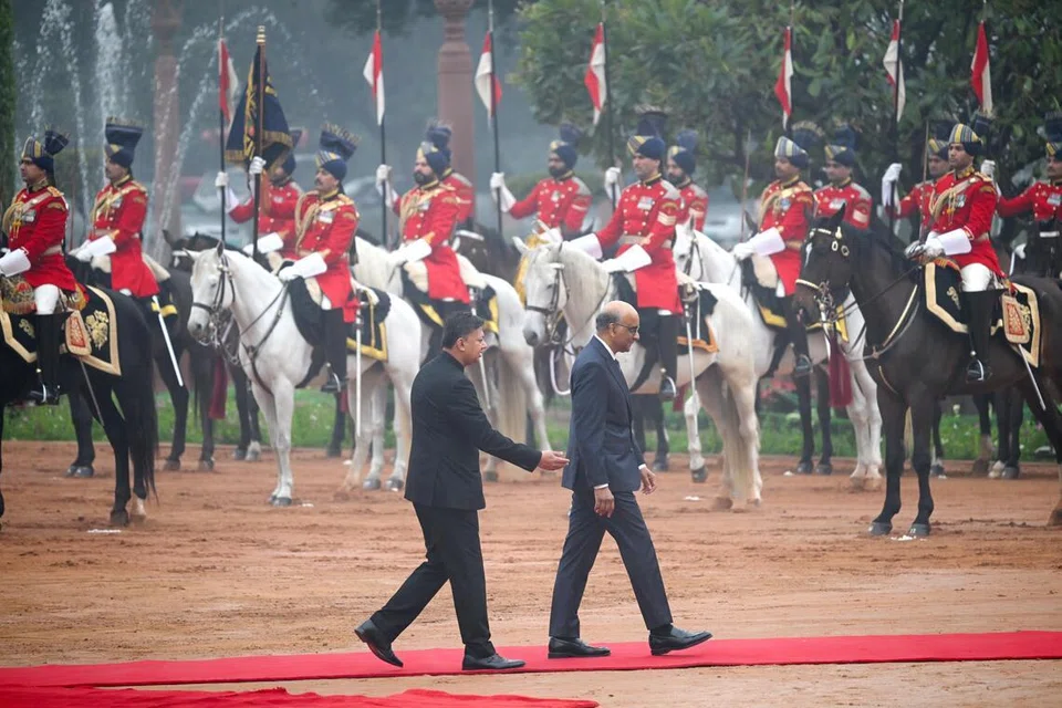 President Tharman Shanmugaratnam receiving a guard of honour at Rashtrapati Bhavan in New Delhi.