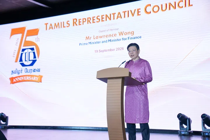 Prime Minister and Minister for Finance, Mr Lawrence Wong He speaking at the Tamils Representative Council’s (TRC) 75th anniversary celebration, as the guest of honour.