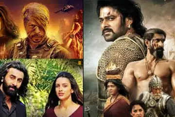 A collage of Indian film posters.