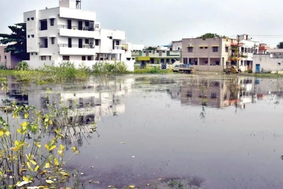 லாலுகாபுரம் அருகே அரசன் நகர் பகுதி குடியிருப்புகளைக் குளம்போல் சூழ்ந்துள்ள மழைநீர்.