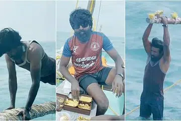 கடலில் இருந்தபடி உடற்பயிற்சி செய்யும் சூரி.