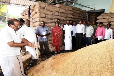 தமிழக உணவுத்துறை அமைச்சர் அர.சக்கரபாணி, உயர்கல்வித்துறை அமைச்சர் கோவி.செழியன், பிற்படுத்தப்பட்டோர் நலத்துறை அமைச்சர் சிவ.வீ.மெய்யநாதன் ஆகியோர் புதன்கிழமை காலையில் தஞ்சாவூர் பிள்ளையார்பட்டி நெல் சேமிப்புக் கிடங்கில் ஆய்வு மேற்கொண்டனர்.