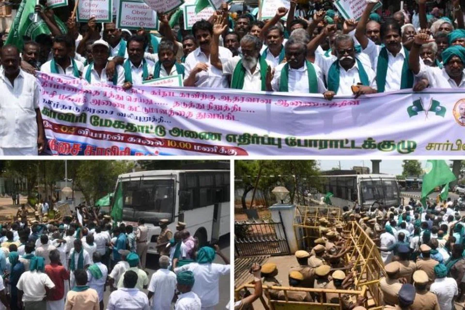 போராட்டத்தில் ஈடுபட்ட விவசாயிகளை காவல்துறையினர் தடுப்பு வேலிகள் அமைத்து தடுத்து நிறுத்தினர். 
