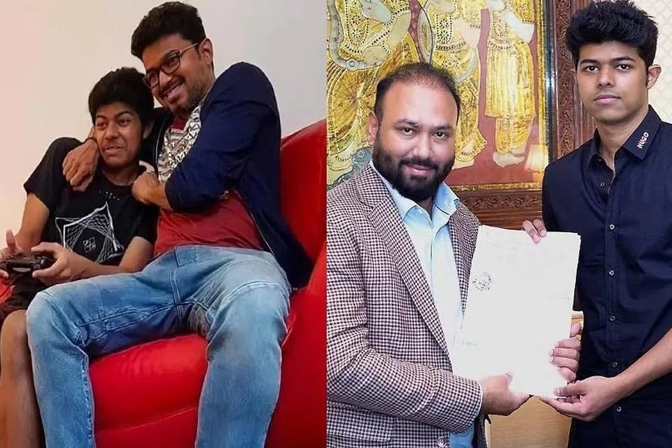 (இடது) மகனைக் கொஞ்சும் விஜய். லைகா நிறுவனத் தலைவர் சுபாஷ் கரனுடன் ஜேசன் சஞ்சய்.