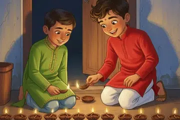நண்பர்கள் தீபங்கள் ஏற்றுகிறார்கள்.