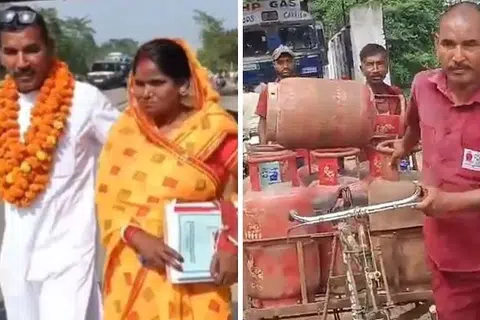 எரிவாயுத் தோம்பு விநியோகம் செய்யும் ஊழியர் சோட்டே லால் மகதோ (வலது). பழைய படம் ஒன்றில் மகதோ தன் மனைவியுடன்.  