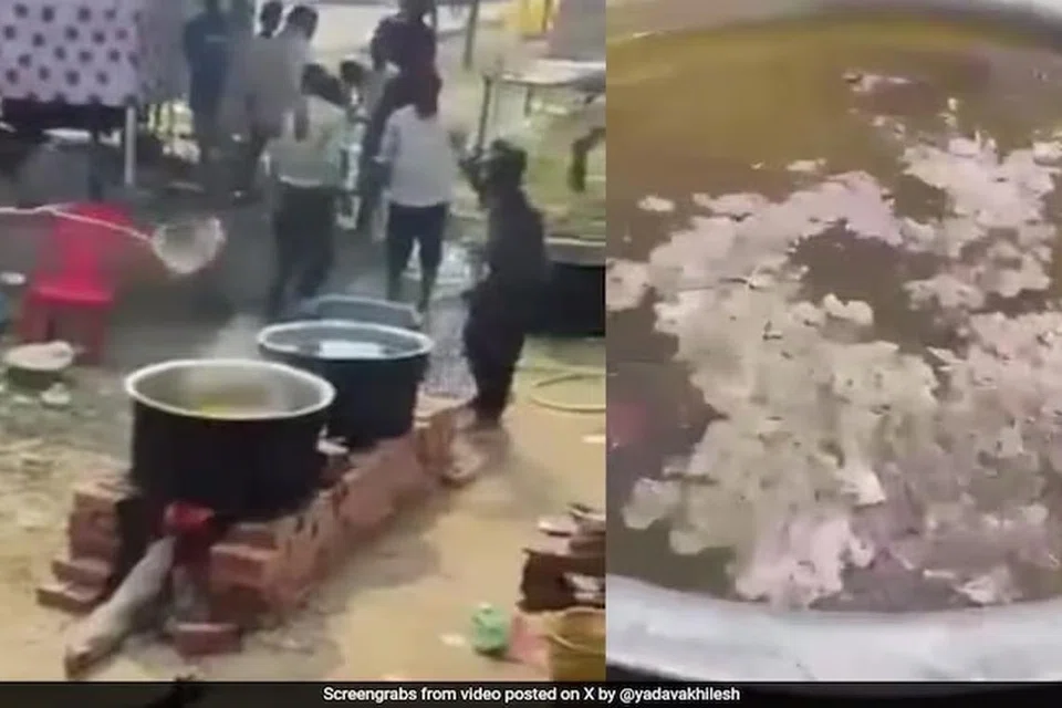 காவல் அதிகாரி ஒருவர் அடுப்பில் தயாரிக்கப்படும் உணவில் சாம்பலைச் சேர்ப்பதைக் காணொளிக் காட்சி காட்டுகிறது. 