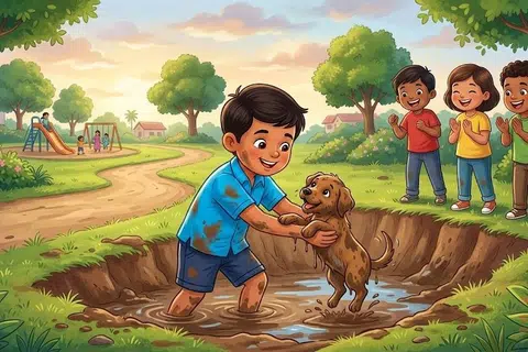 நாய்க்குட்டியைக் காப்பாற்றிய குமாரின் நல்ல செயலைப் பார்த்த அவனுடைய நண்பர்கள் அவனைப் பாராட்டினார்கள். 