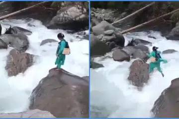 குழந்தைக்குத் தடுப்பூசி போட பெருக்கெடுத்து ஓடும் ஆற்றைத் தாண்டிச் சென்ற கமலா தேவி.