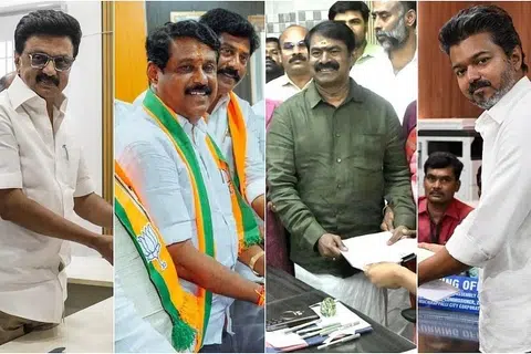 (இடமிருந்து) தமிழக முதல்வர் மு.க.ஸ்டாலின், தமிழக பாஜக தலை​வர் நயி​னார் நாகேந்​திரன், நாம் தமிழர் கட்சியின் தலைமை ஒருங்கிணைப்பாளர் சீமான், தமிழக வெற்றிக் கழகத் தலைவர் விஜய் ஆகியோரின் மனுக்கள் பரிசீலனைக்குப் பிறகு ஏற்றுக்கொள்ளப்பட்டன.