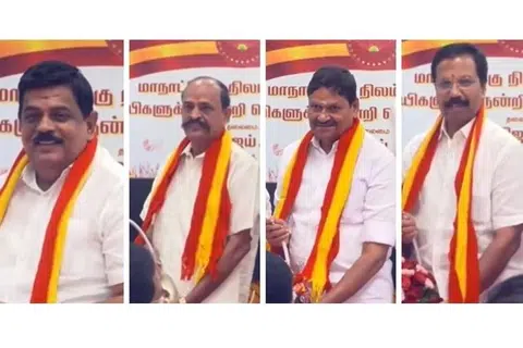 (இடமிருந்து) உடுமலை ராதாகிருஷ்ணன், கடம்பூர் ராஜு, எம்.சி.சம்பத், சிவபதி.