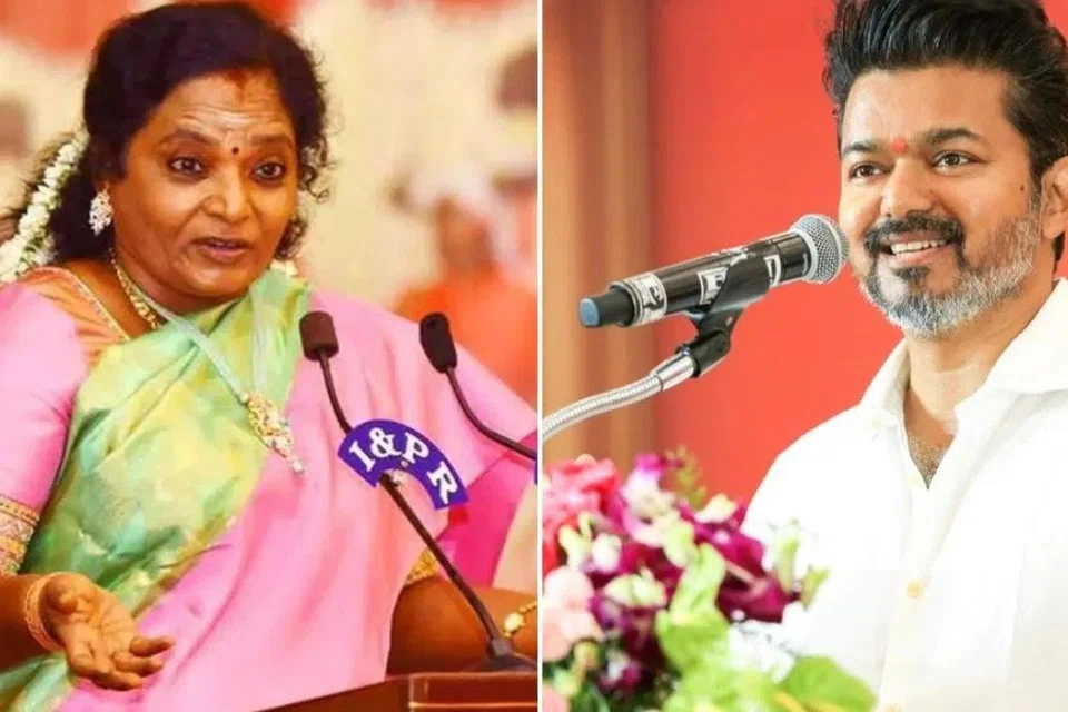 பாஜக மூத்த தலைவர் தமிழிசை சௌந்தரராஜன், தமிழக வெற்றிக் கழகம் கட்சித் தலைவர் விஜய். 