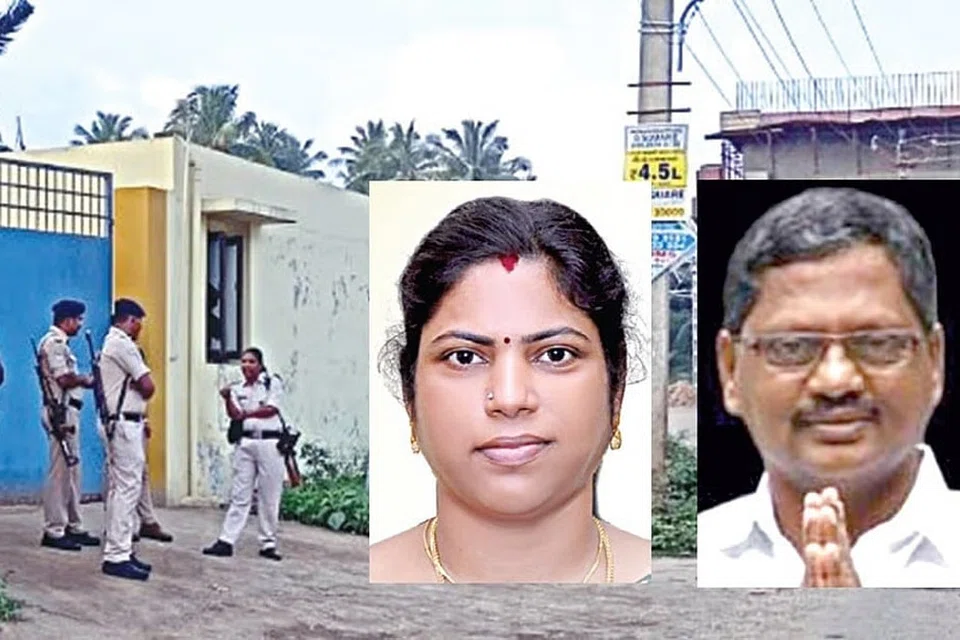போடியில் அமலாக்கத் துறை சோதனை நடத்திய ஏலக்காய் கிடங்கு. (உள்படம்) நகராட்சித் தலைவர் ராஜராஜேஸ்வரி, அவரின் கணவர் சங்கர்.