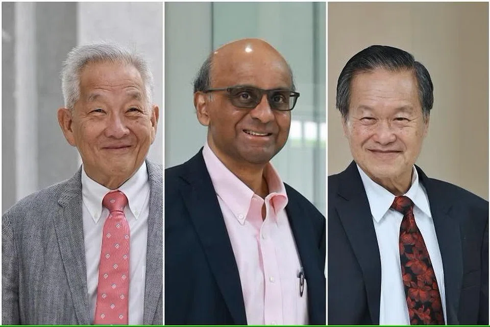 அரசாங்க முதலீட்டு நிறுவனத்தின் முன்னாள் முதலீட்டுத் தலைவர் இங் கொக் சொங் (இடது), முன்னாள் மூத்த அமைச்சர் தர்மன் சண்முகரத்னம், என்டியுசி இன்கம் நிறுவனத்தின் முன்னாள் தலைமை நிர்வாகி டான் கின் லியான் ஆகிய மூவரின் வேட்புமனுக்களும் ஏற்றுக்கொள்ளப்பட்டன.