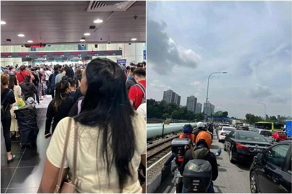 கடற்பாலத்தில் குடிநுழைவு அனுமதிபெற நீண்டவரிசை காணப்பட்டது. இடையிடையே கணினிச் செயல்பாடு மெதுவடைந்துவிடுவதால் தாமதத்தை எதிர்நோக்கலாம் என்று குடிநுழைவு, சோதனைச்சாவடிகள் ஆணையம் தெரிவித்துள்ளது. படங்கள்: MOHAMEDSHABIYUDEEN/FACEBOOK, CHLOE TAN/FACEBOOK