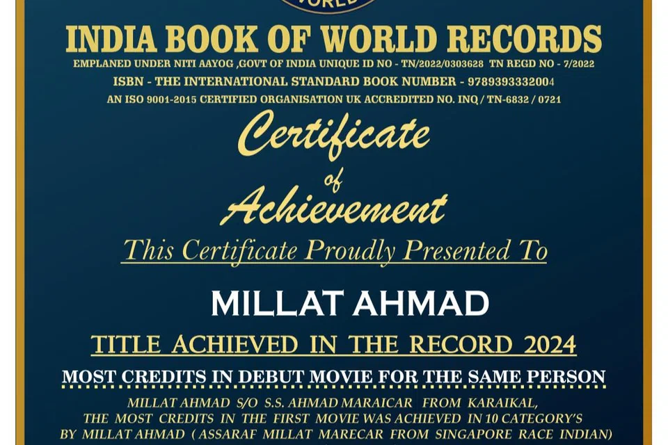 ஆந்தை’ என்ற தமிழ்ப் படத்தில் கதை, திரைக்கதை, வசனம் உள்ளிட்ட பத்துப் பணிகளைச் செய்து சாதனை படைத்துள்ளார் சிங்கப்பூர் எழுத்தாளர் மில்லத் அகமது.