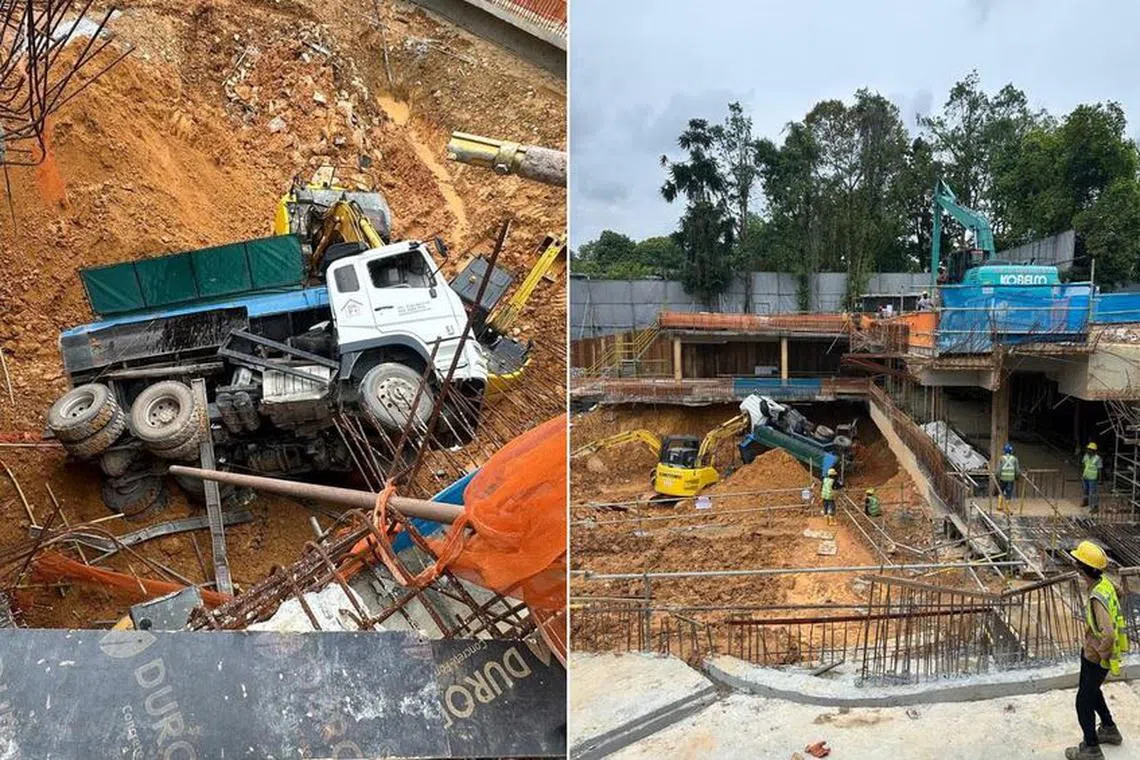 மேலிருந்து அடித்தளத்துக்குக் கவிழ்ந்த லாரி; ஊழியர் காயம்