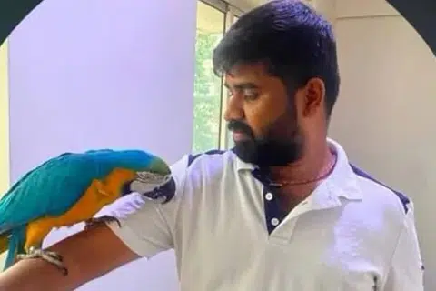 மக்காவ் கிளியுடன் அருண் குமார்.