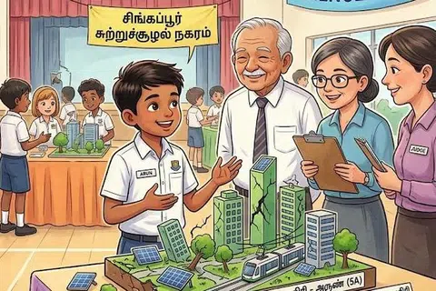 அருண் பதற்றப்படாமல், தன்னுடைய உடைந்த திட்ட மாதிரியைக் காண்பித்து நடுவர்களுக்கு திட்டம் எப்படிச் செயல்படும் என்று விளக்கினான்.