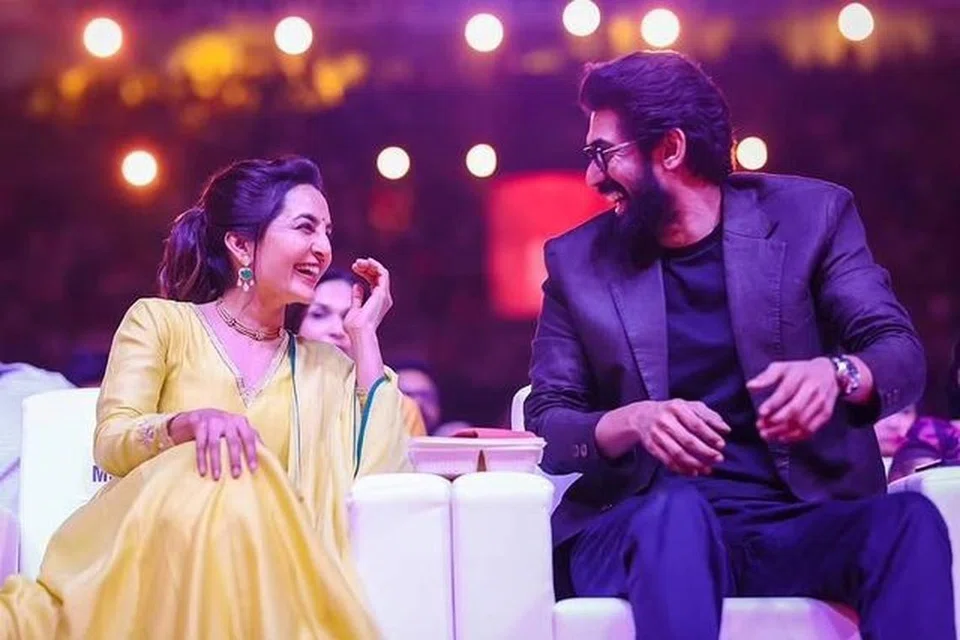 ‘வேட்டையன்’ படத்தின் இசை வெளியீட்டு விழாவில் ராணாவுடன் மஞ்சு வாரியர்.