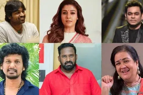 (மேல்வரிசை இடமிருந்து வலமாக) விருது பெற உள்ள நடிகர் விஜய் சேதுபதி, நடிகை நயன்தாரா, இசையமைப்பாளர் ஏ.ஆர்.ரகுமான், (கீழ் வரிசை) இயக்குநர் லோகேஷ் கனகராஜ், நடிகர் ரோபோ சங்கர், நடிகை ஊர்வசி.