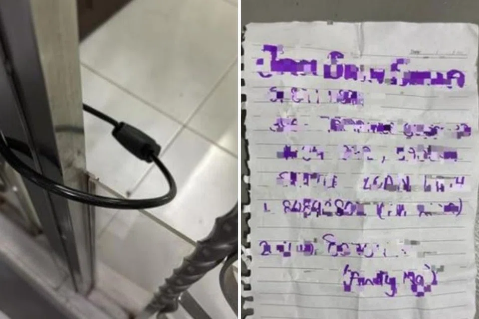 தெம்பனிஸ் ஸ்திரீட் 33ல் உள்ள ஒரு அடுக்குமாடி வீட்டின் கதவு சைக்கிள் பூட்டால் பூட்டப்பட்டிருந்ததாகக் கூறப்பட்டது. அருகில் கடன்கொடுத்தவரின் குறிப்பும் காணப்பட்டது.