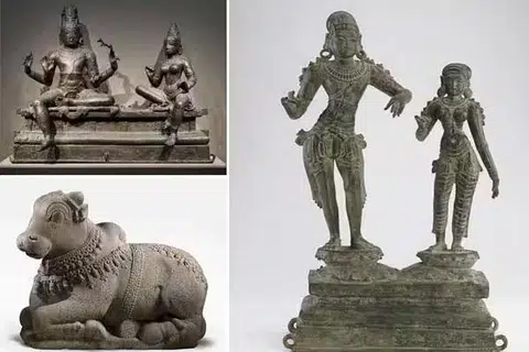 தமிழகக் கோயில்களுக்குத் திருப்பி அளிக்கப்பட உள்ள  சோமாஸ்கந்தர், சுந்தரமூர்த்தி நாயனார்- பரவையார் நாச்சியார், நந்தி சிலைகள்.