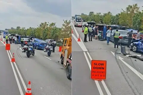 காணொளியில் ஒரு லாரி கவிழ்ந்து கிடந்தது. அதற்குப் பின்னால் ஒரு டாக்சியும் ஒரு காரும் நின்றிருந்தன. 