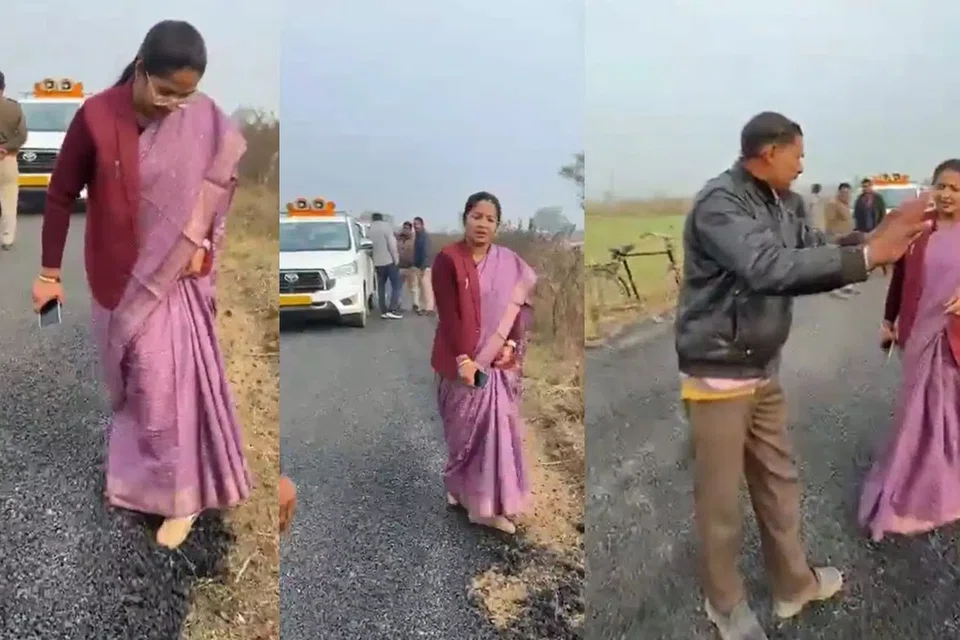 பெண் அமைச்சர் திடீரென்று காரில் இருந்து சாலையில் இறங்கி, சாலையின் தரத்தைச் சோதித்து தரம் இல்லாமல் போடப்பட்ட பொதுப்பணித்துறை அதிகாரிகளைக் கண்டித்தார். 
