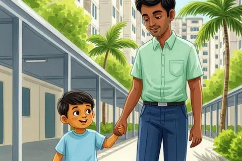 தந்தையுடன் நடந்துசெல்கிறான் கவின்.