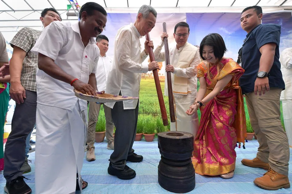புக்கிட் பாஞ்சாங் பொங்கல் கொண்டாட்டத்தின்போது உலக்கை பிடித்து உடலில் அரிசி குத்திய பிரதமர் லீ.