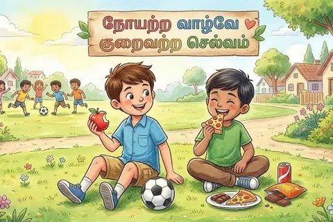 இடைவேளை நேரத்தில் சங்கர் ஆப்பிளையும் ராஜு பீட்சாவும் சாப்பிடுகிறார்கள்.