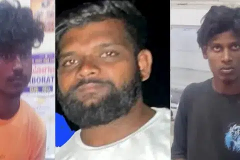 சுற்றுலாப் பயணியைக் கால்வாய்க்குள் தள்ளி கொலை செய்துவிட்டு, இஸ்ரேலியப் பெண் சுற்றுலாப் பயணி உட்பட இரண்டு பெண்களைக் கூட்டுப் பாலியல் வன்கொடுமை செய்த (இடமிருந்து) மலேஷ், சாய், சரணப்பா.   