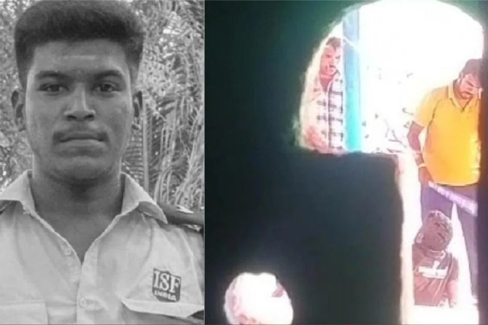 (இடது) அஜித்குமார், அவரை அடித்து துன்புறுத்தும் காவல்துறை அதிகாரிகள்.