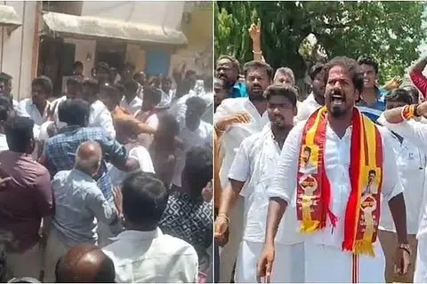 கும்பகோணத்தில் திமுக - தவெக இடையே கைகலப்பு ஏற்பட்டது.