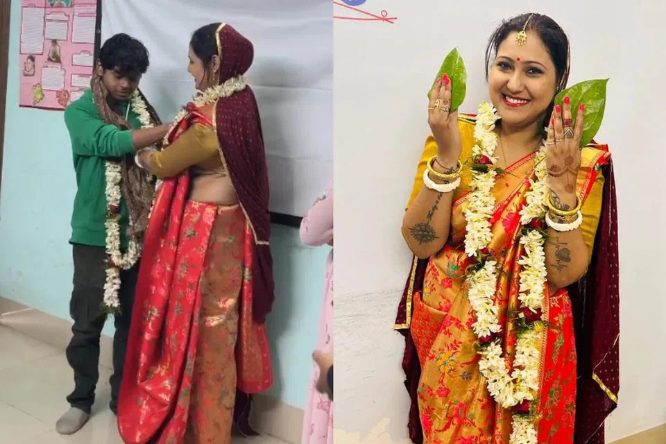 மணப்பெண் உடையணிந்து காணப்படும் பேராசிரியை, கல்லூரியில் படித்து வரும் முதலாம் ஆண்டு மாணவர் ஒருவரை இந்து முறைப்படி பல்வேறு சடங்குகளுடன் திருமணம் செய்து கொள்ளும் காணொளி இணையத்தில் பரவி வருகிறது. 