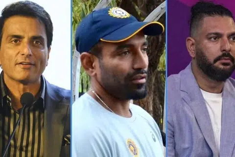(இடமிருந்து வலது) பாலிவுட் நடிகர் சோனு சூட், முன்னாள் கிரிக்கெட் வீரர்கள் ராபின் உத்தப்பா, யுவராஜ் சிங்.