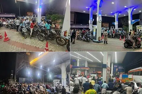 சென்னையின் பல்வேறு பகுதிகளிலுள்ள பெட்ரோல் நிரப்பும் நிலையங்களில் காணப்பட்ட கூட்டம்.