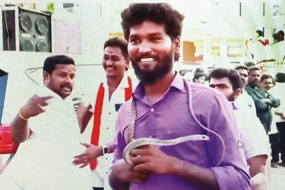 2 கைகளிலும் பாம்பைப் பிடித்துக் கொண்டு, பிரசாரம் நடந்த பகுதியில் சுற்றி திரிந்தார் அந்த வாலிபர். 