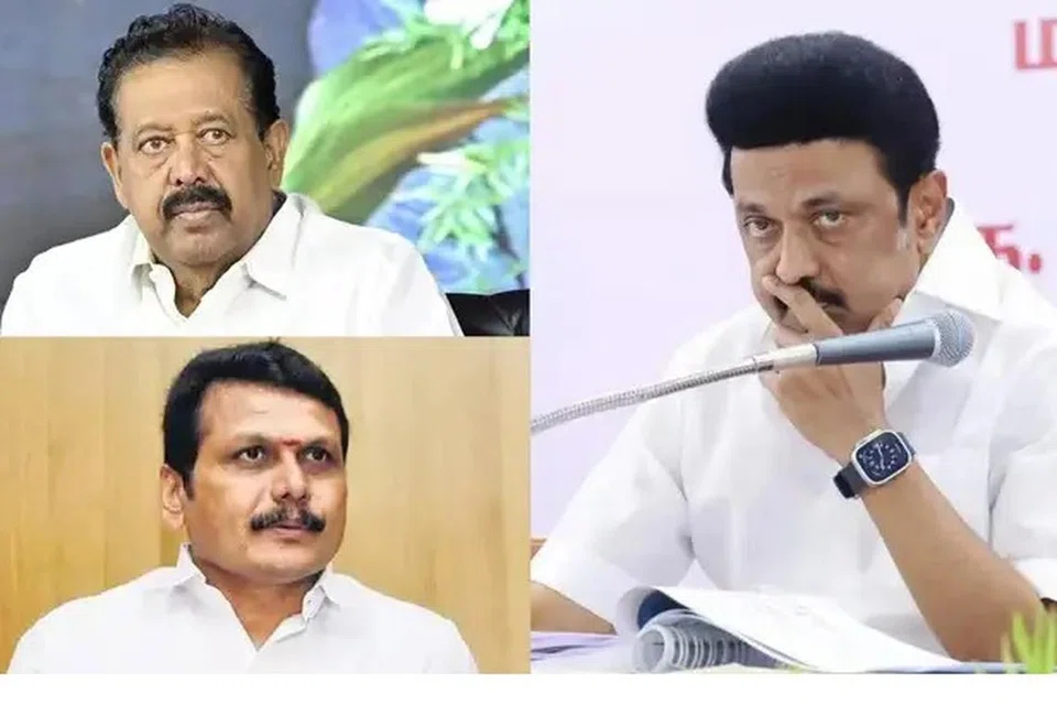 (இடது மேல் படம்) தமிழக அமைச்சர் பொன்முடி, (கீழ் படம்) அமைச்சர் செந்தில் பாலாஜி, (வலம்) முதல்வர் ஸ்டாலின்.