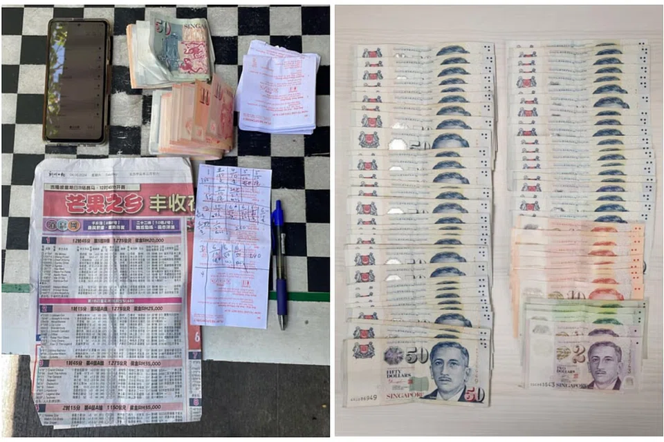 ரொக்கப் பணம் $60,000க்கும் மேல், கைப்பேசிகள், குதிரைப் பந்தய சூதாட்டத்துக்கு உதவும் பொருள்கள் பறிமுதல் செய்யப்பட்டன. 