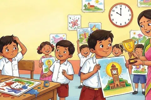 ராமு வரைந்த ஓவியத்திற்கு முதல் பரிசு கிடைத்ததைப் பார்த்து வருத்தமுற்ற சோமு.