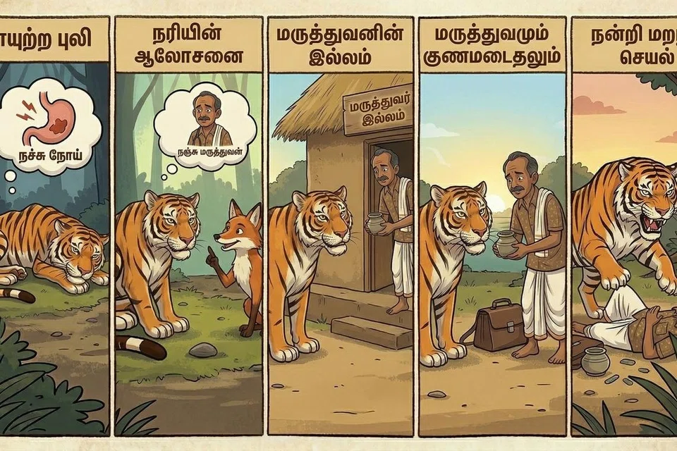 கொடிய புலிக்கு உதவிய மருத்துவன் அதற்கே இரையானக் கதை.