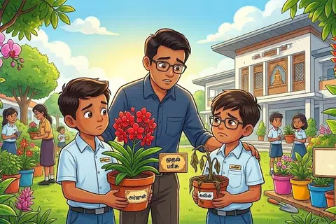 போட்டியில் தோல்வி அடைந்ததால் கவலையுடன் இருந்த கவினை ஆசிரியர் ஆறுதல்படுத்துகிறார். 