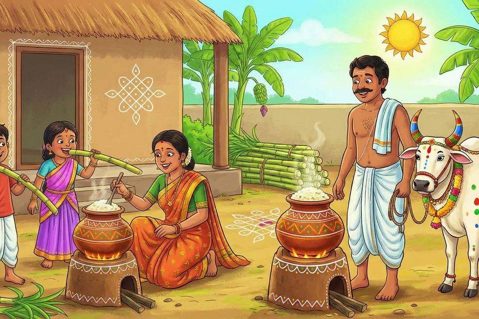 வேலனும் அவர் குடும்பத்தினரும் பொங்கல் பொங்கி கொண்டாடுகிறார்கள்.